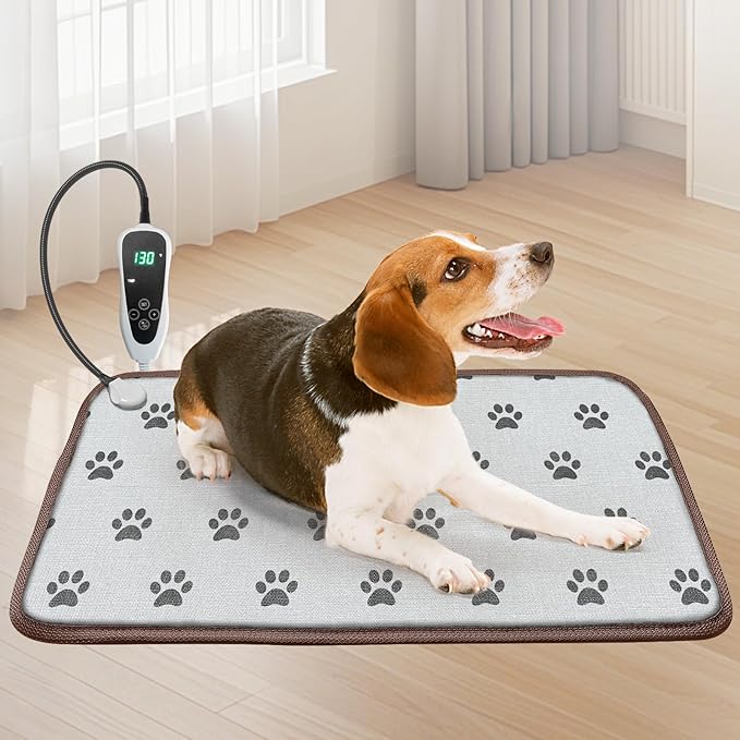 Dog Heating Pad 28x18in with Smart Thermostat Switch and Power Line Protection Tube,Obtained MET and UL Dual Certification,Waterproof Puppy Heating pad-Paw Print
