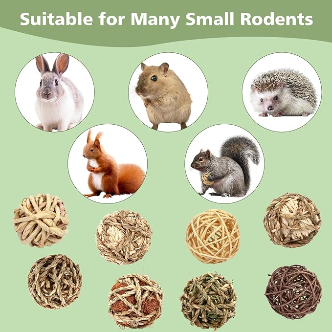 VESPRO Bunny Chew Grass Balls, (8 Pcs) Rolling Chew Toys for Small Animals, Natural Chew Grass Toys and Bunny Treats for Rabbits, Guinea Pigs, Chinchillas, Hamsters, Mice Teeth Grinding