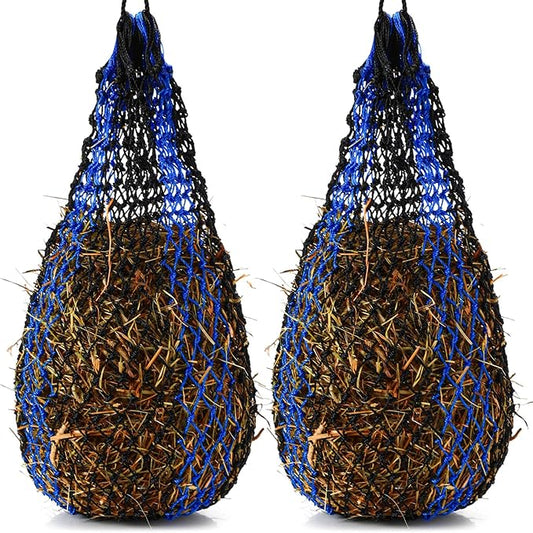 2 Pcs Slow Feed Hay Bag 36 Inch Ultra Slow Hay Feeders 1.5 x 1.5 Inch Holes Hay Nets for Horses Goat Livestock Horse Supplies, Black and Blue
