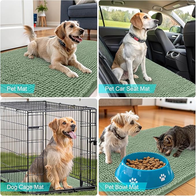 OLANLY Dog Door Mat for Muddy Paws 59x24, Absorbs Moisture and Dirt, Absorbent Non-Slip Washable Doormat, Quick Dry Chenille Mud Mat, Entry Indoor Entryway Carpet for Inside Floor, Olive Green