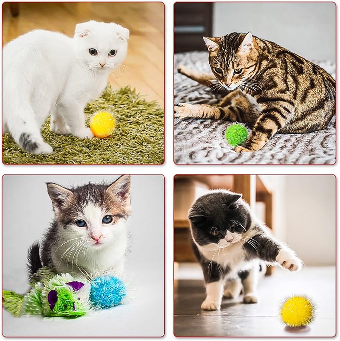 VAPKER 30 Pcs Cat Ball Toys Sparkle Balls Extra Large 2 Inch Cat's Favorite Chase Glitter Ball Glitter Tinsel Pom Poms Balls Purple Color