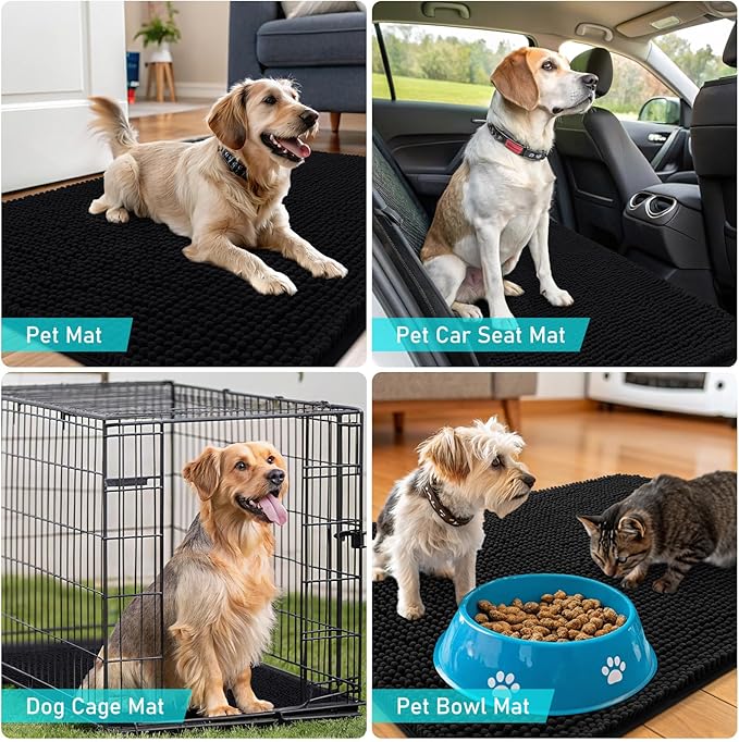 OLANLY Dog Door Mat for Muddy Paws 45x27, Absorbs Moisture and Dirt, Absorbent Non-Slip Washable Doormat, Quick Dry Chenille Mud Mat for Dogs, Entry Indoor Entryway Carpet for Inside Floor, Black