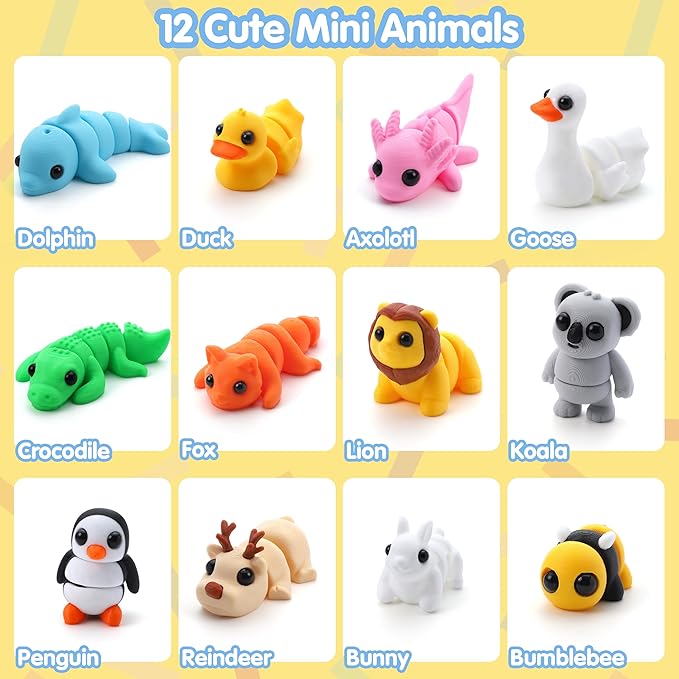 JOYIN 12 Pcs 3D Printed Animals Set, Mini Animals 3D Printed Toys - Cute Articulated Flexible Figurines Fidget Toys for Party Favors Birthday Gifts Desk Pets Office Home Decor