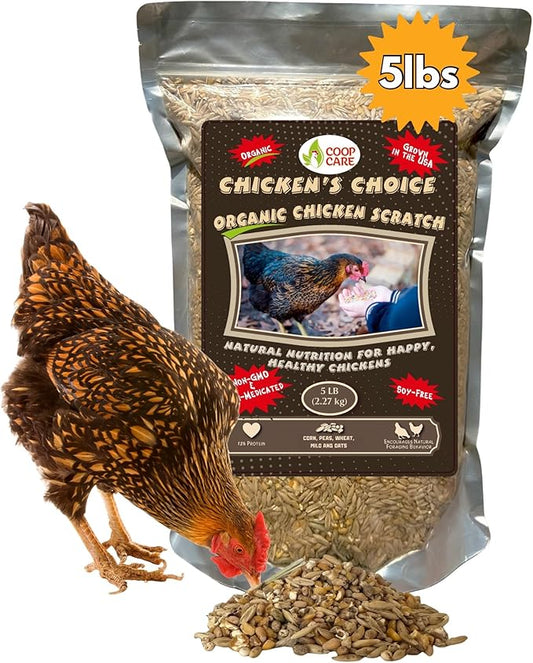 Chicken’s Choice Organic Chicken Scratch 5 lb Bag. Organic 5 Grain High Protein Premium Scratch Grain Treats & Food For Poultry, Duck & other Birds - Non-Gmo Chicken Feed, Soy Free Natural Ingredients