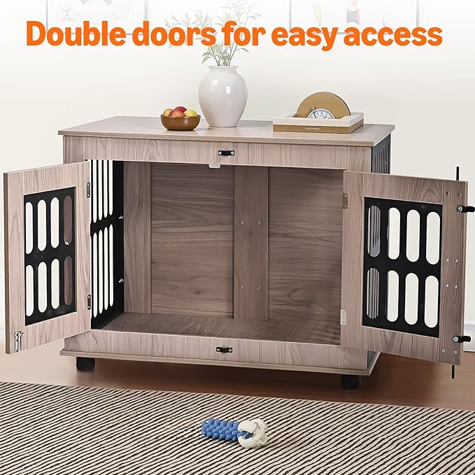 Amazon Basics Heavy Duty Dog Crate Furniture for Small Dogs, Wooden Decorative Dog Kennel Cage Indoor with Safety Lock, 32.5" L x 25.6" W x 21.9" H