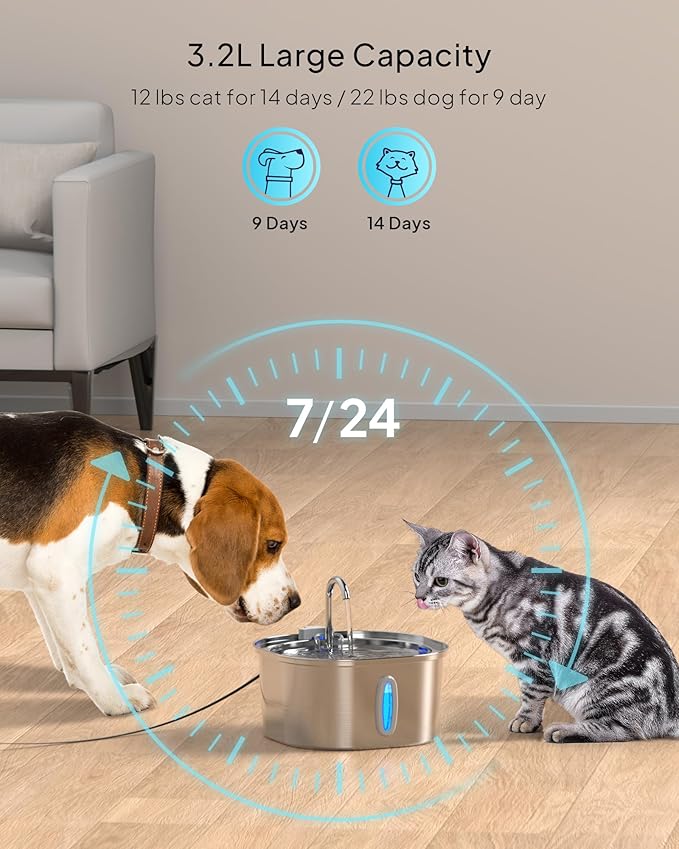 PEKTACO Stainless Steel Cat Water Fountain, 3.2L/108oz Cat Water Dispenser with Quiet Water Pump and Water-Level Window, Dishwasher Safe Pet Drinking Fountain for Cats with 6 Filters + 6 Sponges