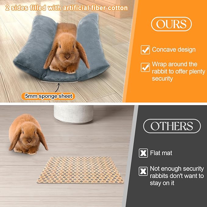 MEWTOGO 15.7 x 14In Rabbit Bed, Thickened Soft Bunny Concave Bed, Cuddle Cushion Plush Mat with Cotton Lounger Pillows, Small Pet Flop Mat for Cage Sleeping Indoor, Gray