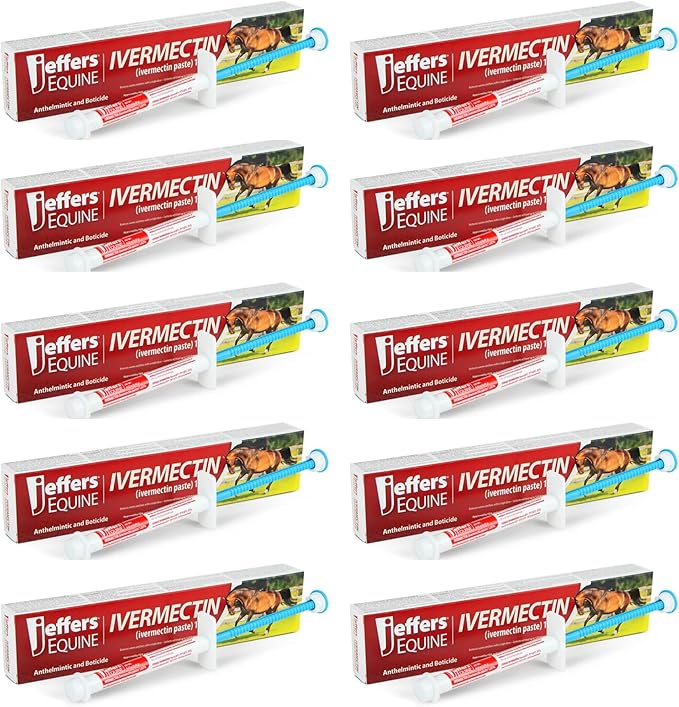 Jeffers Equine Ivermectin Gel Horse Dewormer Paste 1.87%, Broad Spectrum Equine Parasite Control Formula, Apple Flavored Oral Wormer for Horses, Easy Travel Use, Mess Free Syringe Tube - 10 Pack