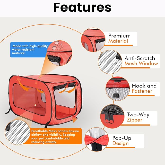 Beatrice Home Fashions Portable, Collapsible, Pop Up Kennel Travel Cat and Dog Crate, 36" L x 22" W x 22" H, Red