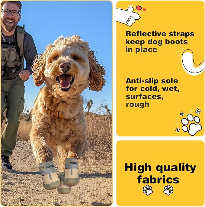 Hcpet Dog Shoes for Large Dogs, Waterproof Dog Booties for Small Medium Dogs, Anti-Slip Dog Boots & Paw Protectors for Hot Pavement Winter Snow Hiking with Reflective Straps Khaki Size 4