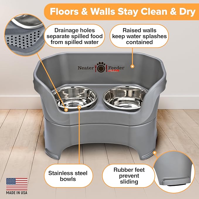 Neater Pet Brands Neater Feeder Deluxe Mess Proof Dog Bowls Elevated for Large Dogs Over 40 lbs, Made in USA, No Spill Raised Dog Food Bowl Stand Feeding Station, Food and Water Bowl Set, Grey