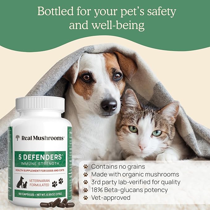 5 Defenders Mushroom Supplement for Cats & Dogs – Chaga, Shiitake, Reishi, Turkey Tail, Maitake – Cat Multivitamin & Dog Supplement for Wellness Support– 90 ct Real Mushrooms Powder Capsules