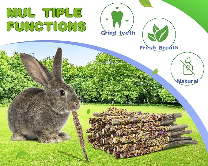 Abizoo Bunny Chew Toys for Rabbits,18PCS Natural Apple Wood Sticks with Petals Good for Chinchillas Guinea Pig Hamster Teeth Care, Bunny Small Pet Treats Teething Toys| Natural Organic Safe
