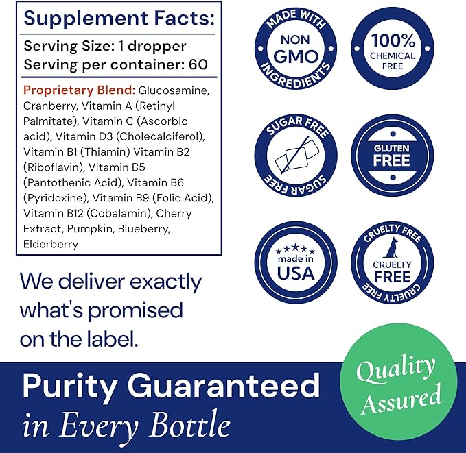 Advanced 15-in-1 Multivitamin for Dogs & Cats - Premium Liquid Supplement with Glucosamine, Vitamin B Complex and Cranberry for Joint, Digestive, Skin, Immune & UTI Support - 2.0 Fl Oz - Made in USA
