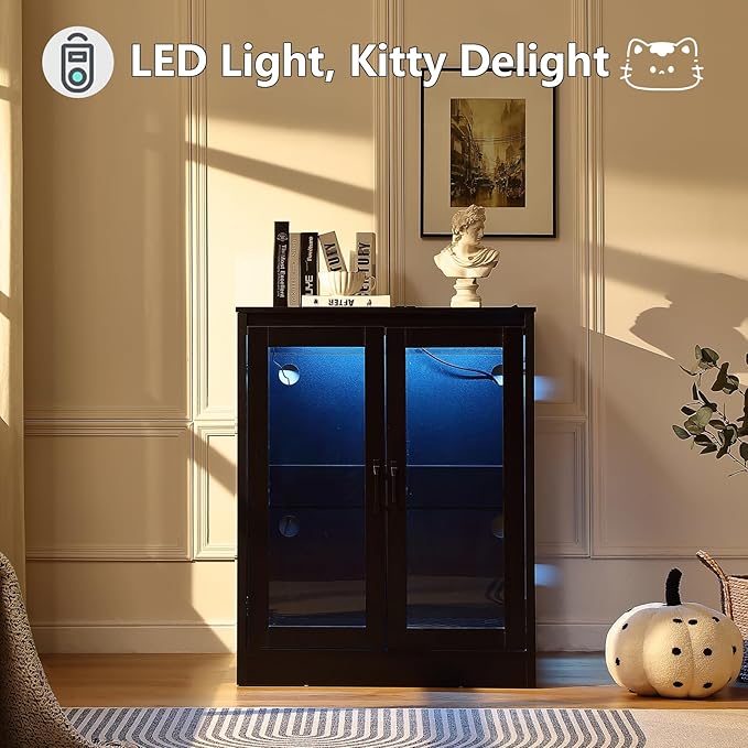 Cat Litter Robot Enclosure with Glass Cat-Observant Doors,Litter Robot Cabinet with Reversible and Optional Entry(Left or Right),Cozy LED for Cats,Power Outlet for More Choice, Black