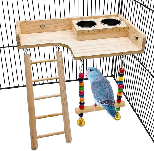 kathson Bird Perches Platform with Climbing Ladder and Swing,Parrot Cage Playground Toys with Food Cups,Parakeet Playing Gyms Wooden Exercise Training Stands for Budgie,Lovebird,Cockatiels