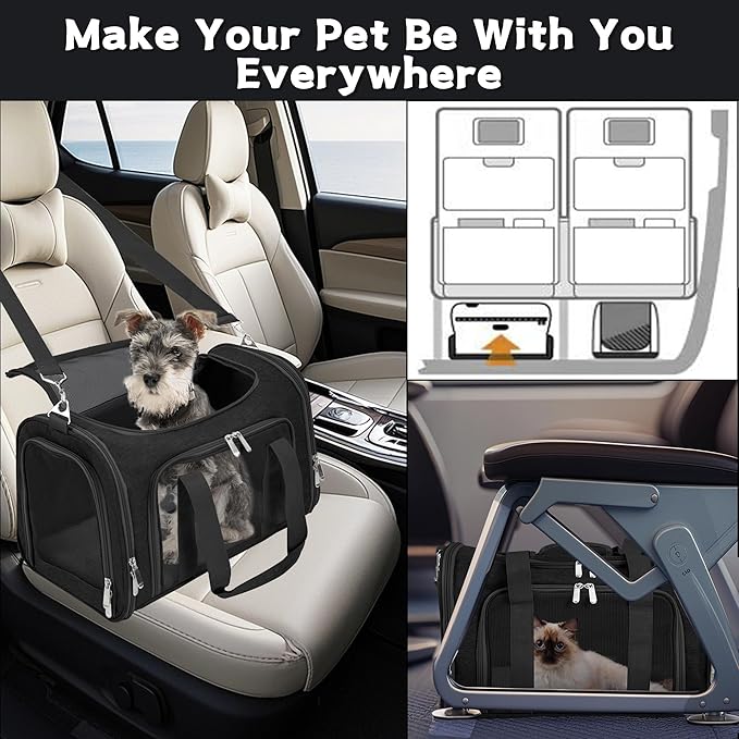 Soft-Sided Cat/Dog/Pet Carrier, Collapsible Pets Travel Carriers for Big Cats/Small Dogs with Shoulder Strap & Removable Mat, Mesh Puppy Carry Bag, Up to 16 Lbs, TSA Airline Approved(Black)