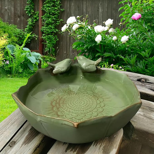 Bird Bath for Outside on Ground, 10 in Ceramic Birds Bath Bowl, Handmade Ground Bird Feeders and birdbath for Outdoors for Outdoors, Garden, Tabletop, Balcony and Lawn (Big - deep)