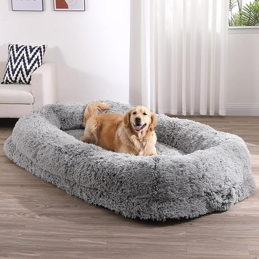 DWVO Human Dog Bed for Adult, 79" L X 43" W Large Human Size Dog Bed with Blanket and Pillow, Removable Cover, Grey
