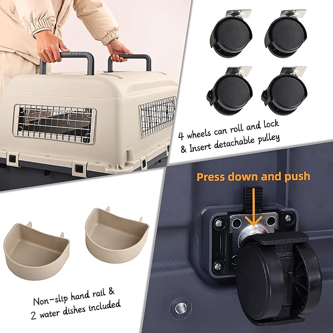Elevon Plastic Kennels Pet Carrier Rolling Plastic Airline Approved Wire Door Travel Dog Crate, Medium (26.5" L x 20" W x 18.8" H)