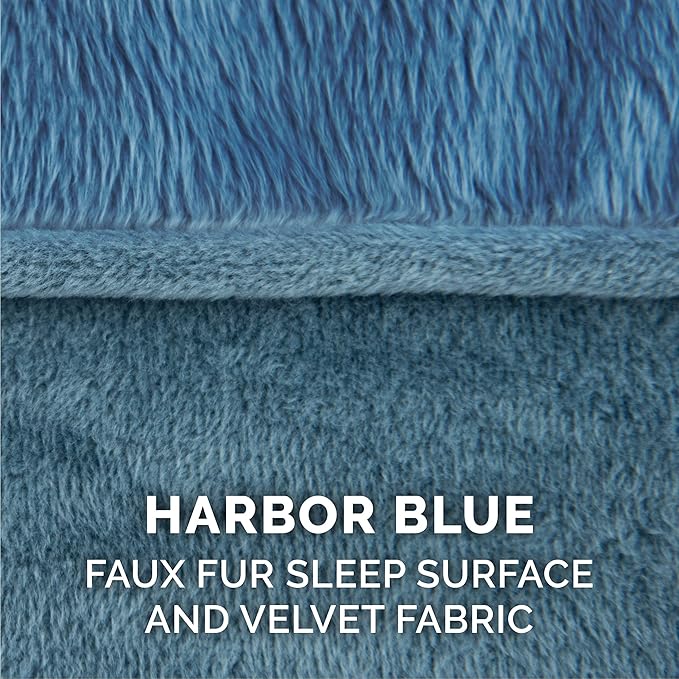 Furhaven Pillow Dog Bed for Medium/Small Dogs w/ Removable Bolsters & Washable Cover - Faux Fur & Velvet Sofa - Harbor Blue, Medium
