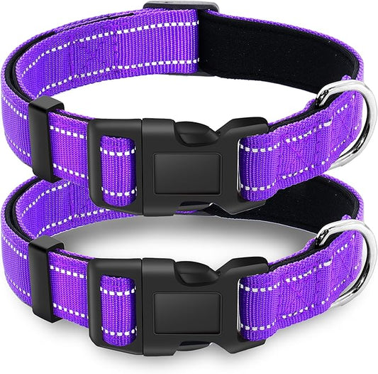 2 Pack Reflective Dog Collar with Safety Locking Buckle, Adjustable Soft Breathable Comfortable Nylon Pet Collar for Small, Medium and Large Dogs, Purple, L