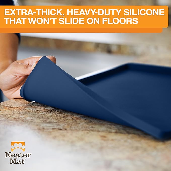 Neater Pet Brands Neater Mat Pet Mats for Food and Water, Cat & Dog Bowl Mat Waterproof Silicone, Feeding Tray, Dog Food Mats for Floors, Placemat w/Raised Edge for Under Bowls, 16” x 10”, Dark Blue