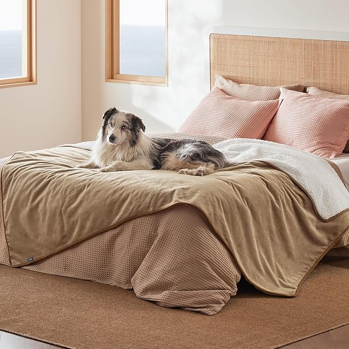 Bedsure Waterproof Blanket for Bed - Sherpa Fleece Waterproof Dog Blankets for Large Dogs, Pet Blankets for Bed/Couch/Dog Crate, Soft Plush Reversible Furniture Protector, Twin Size, 80"x60", Camel