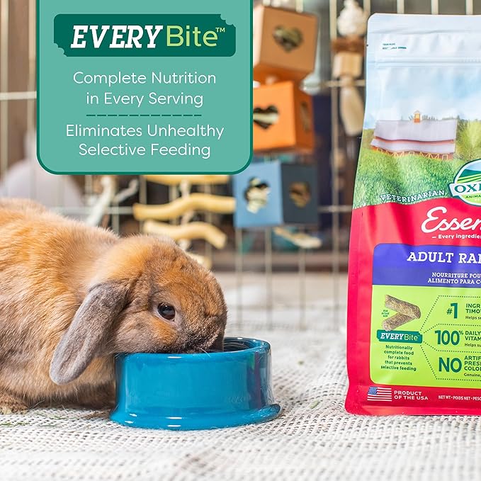 Oxbow Essentials Rabbit Food, Adult, Made with Oxbow Timothy Hay for Rabbit, Pet Pellets with Vitamins & Minerals, Small Animal Pet Products, Bunny Food, Made in USA, High Fiber, 10 lb. bag