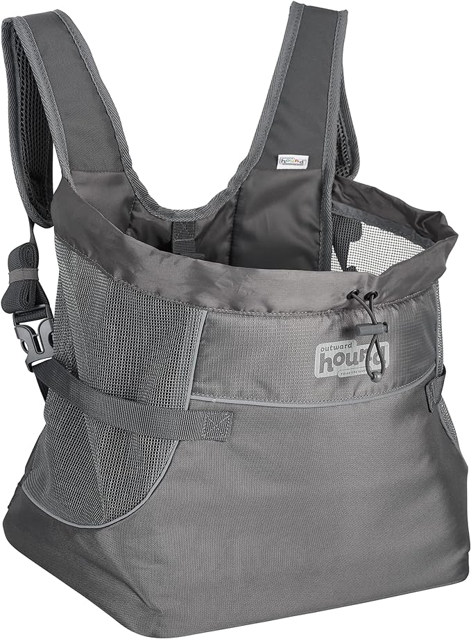 Outward Hound PupPak Dog Front Carrier, Medium, Grey – Hands-Free Hiking & Camping Pet Backpack for Small Pets up to 20 lbs, Padded Straps, Breathable Mesh, Water-Resistant, Safety Clip