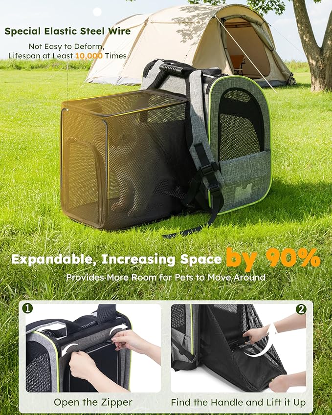 Pecute Cat Backpack Carrier Expandable , Foldable Pet Backpack for Cats & Small Dogs Up to 11lbs, with 4-Side Breathable Mesh, Multi-Entry & Lockable Zippers for Travel, Hiking, Camping - Hands Free,