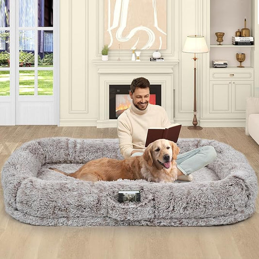 DWVO Human Dog Bed for Adult, 79" L X 43" W Large Human Size Dog Bed with Blanket and Pillow, Removable Cover, Dark Brown