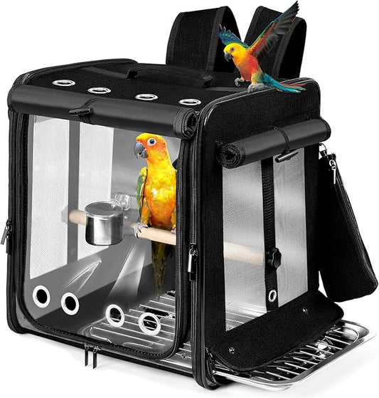 Suertree Bird Carrier with Seat Belt for Car Travel, Bird Backpack Carrier with Indestructible Stainless Steel Mesh, Large Bird Carrier Travel Cage, Black