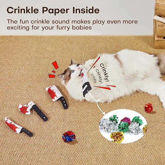 Potaroma 4Pcs Cat Toys, Horror Halloween Knife-Shaped Kitten Catnip Crinkly Sound Toys, Indoor Exercise for All Cat Breeds 6.5 Inches
