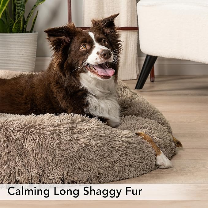 PetAmi Calming Dog Bed for Small Medium Dog Cat, Round Donut Dog Bed Washable, Fluffy Faux Fur Plush Cuddler Pet Kitten Cushion Bed, Anti-Slip, Fits up to 45 lbs, 30 inch, Taupe