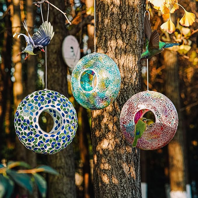 Mosaic Bird Feeder - Outdoor Fly Through Wild Hanging Bird Feeders with Mosaic Glass Design for Garden, Yard, Backyard, Deck and Porch Decor, 9 Inch